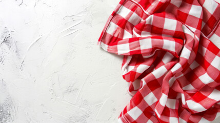 A red and white checkered cloth, resembling a white apron and undershirt, is used as a tablecloth. - obrazy, fototapety, plakaty