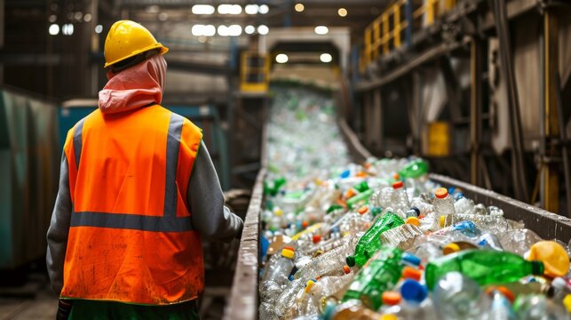 A worker controls the recycling of a recycling plant. Plastic bottles and plastic waste - Powered by Adobe