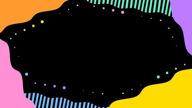 4k colorful wavy corner frame on transparent background. Small animated color dots yellow, orange, green, purple, blue, pink. Cartoon childish design style. Seamless looped simple striped fun pattern