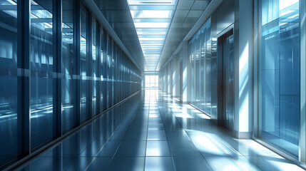 A long hallway with lots of glass walls is depicted in a realistic data center, creating a futuristic room background.