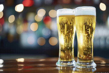 Glass pint of cold draft light lager or dark ale brewed beer with foam on table background. Brewery or pub bar advertising. Oktoberfest festival alcohol beverage or Saint Patricks day drink concept .