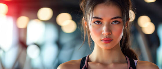 Fototapeta premium potrait of a woman in the gym, with empty copy space, sport advertising