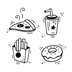 Fast food icons set - Pizza, French fries, paper cup with drink, donut. Hand drawn fast food combo. Comic doodle sketch style. Vector illustration