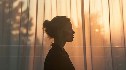 A woman is standing in front of a sheer curtain, her silhouette watching the sunset with a sunburst behind her, creating a polished image.