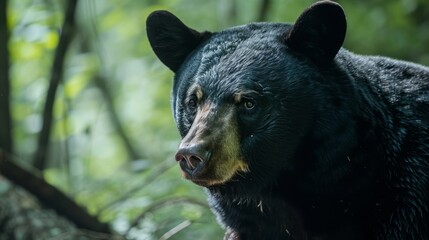 A black bear, resplendent and proud, is in a forest, captured in a portrait.