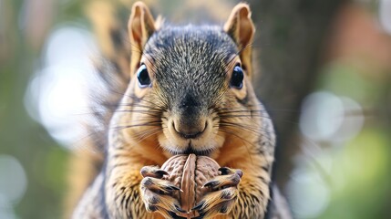 A photograph captures a squirrel eating a nut, which could be walnuts or acorns. - obrazy, fototapety, plakaty
