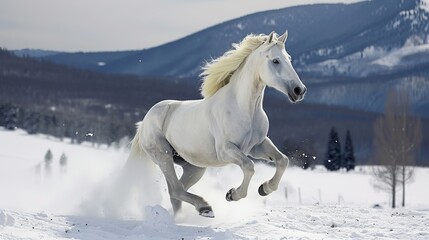 A beautiful white horse is running in the snow with mountains in the background.