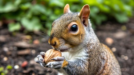 Obraz premium An 8k photograph depicts a squirrel eating a nut.
