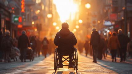 Person in Wheelchair Navigating Busy Pedestrian Zone - Sunlit Background