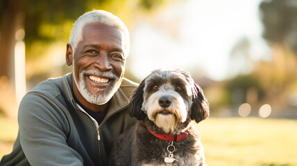 Smiling black senior man with his dog in park. Positive emotions, pet concept.

