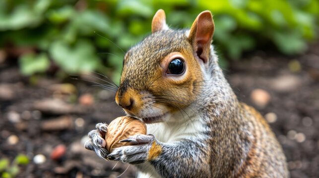 An 8k photograph depicts a squirrel eating a nut.