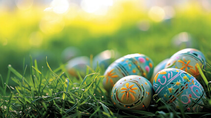 Fototapeta na wymiar A group of painted eggs, symbolizing Easter, is sitting on top of a lush green field, creating a happy appearance.