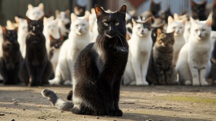 A black cat is sitting in front of a group of white cats, forming an army of evil.