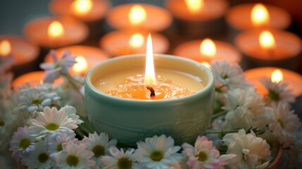 A candle, surrounded by flowers, is floating among other candles, creating natural candle lighting.