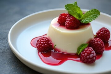 Panna cotta with raspberries sauce and fresh mint
