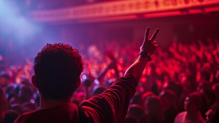 A man is holding up a peace sign in front of a crowd, captured in concert photography with live concert lighting.