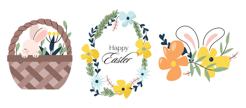 Easter cute bunny, eggs set. Adorable easter rabbit with traditional festive decor. Spring elements, eggs, Christian holiday, Easter baskets, flowers. Vector illustration isolated on white background