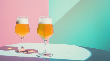 Glass pint of cold draft light lager or dark ale brewed beer with foam on table background. Brewery or pub bar advertising. Oktoberfest festival alcohol beverage or Saint Patricks day drink concept .