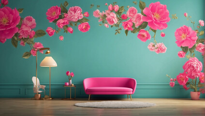 Beautiful interior, with sofa and flowers. generative AI