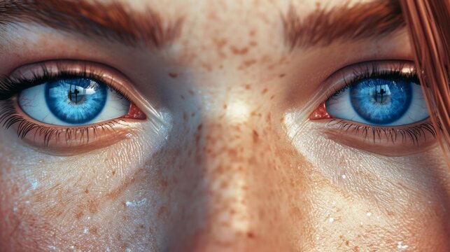 A woman's blue eyes are depicted in a photorealistic image with a realistic skin shader, captured in hyperrealism 8k.