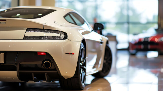 A white sports car is parked in a showroom, offering a full view of the sports car.