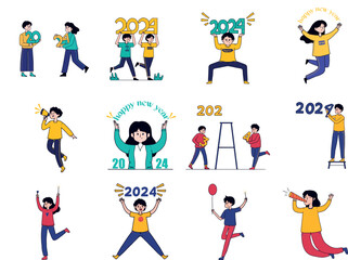 Naklejka premium Illustration Happy New Year 2024. Happy people holding festive 2024 numbers for New Year celebration. Flat vector illustration isolated on white background