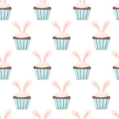 Easter seamless pattern. Adorable easter rabbit with traditional festive decor. Spring elements, eggs, Christian holiday, Easter baskets, flowers. Vector illustration isolated on white background