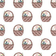 Easter seamless pattern. Adorable easter rabbit with traditional festive decor. Spring elements, eggs, Christian holiday, Easter baskets, flowers. Vector illustration isolated on white background