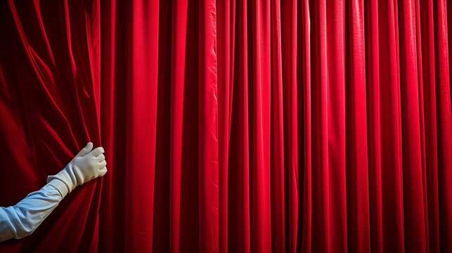 A person in white gloves is opening a red curtain, revealing a red cloth background.