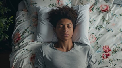 A woman is laying in bed with her eyes closed, resembling humans sleeping in pods, captured in a dream medium portrait with soft diffusion. - obrazy, fototapety, plakaty