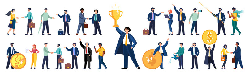 Flat vector illustration. Set off business people in the process of work. Diverse men and women solving business problems, doing work assignments, explaining presentation, clerks doing office tasks