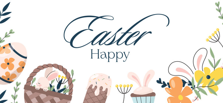 Happy Easter banner, poster, greeting card. Trendy Easter design with typography, bunnies, flowers, eggs, holiday, Easter baskets, bunny ears in pastel color. Modern vector minimal style illustration
