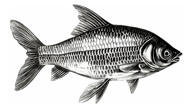 A black and white drawing of a fish, resembling an ancient fish or swirling schools of silver fish, is presented in a scientific illustration.