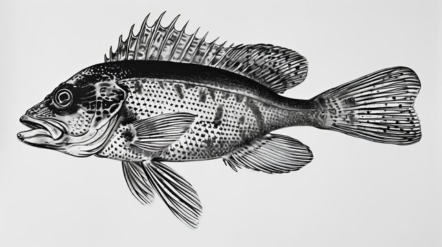 A black and white drawing showcases an incredibly detailed illustration of a fish, contributing to biological illustrations of animals.