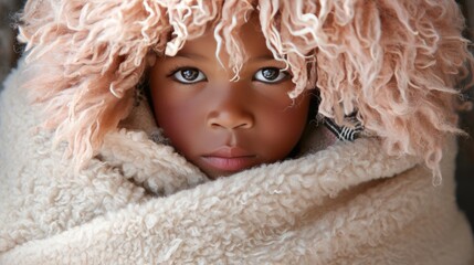 A light-skinned young girl, possibly from the Himba tribe, is wrapped in a blanket.