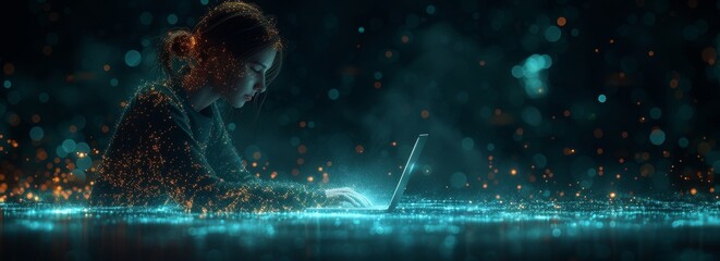 person on laptop in digital network on background in modern city, in the style of light teal and...