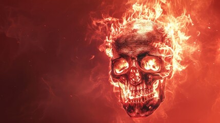 A fire skull on a red background, resembling a flaming skull or a fiery skull contemplating life, is depicted with intricate overlay flames imagery. - obrazy, fototapety, plakaty