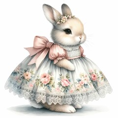 Obraz premium Bunny wearing a vintage-style Easter dress. watercolor illustration, Easter bunny symbol, easter rabbit easter day, white background