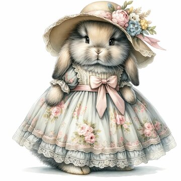 Bunny wearing a vintage-style Easter dress. watercolor illustration, Easter bunny symbol, easter rabbit easter day, white background