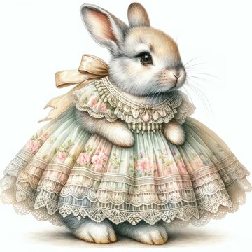recommend clip art: Bunny wearing a vintage-style Easter dress. watercolor illustration, Easter bunny symbol, easter rabbit easter day, white background