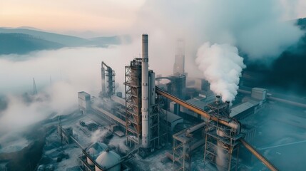 Aerial view of cement factory with high concrete plant structure and tower crane at industrial manufacturing site on foggy evening. Production and global industry concept. - obrazy, fototapety, plakaty
