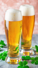 Glass pint of cold draft light lager or dark ale brewed beer with foam on table background. Brewery or pub bar advertising. Oktoberfest festival alcohol beverage or Saint Patricks day drink concept .