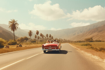 Chase sunsets in style with a couple cruising a vintage red convertible down a coastal road &ndash; an animated y2k aesthetic journey in blurred Picassoesque hues.