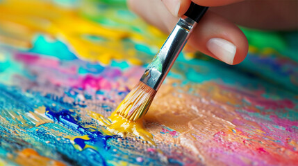 Obraz premium Close-up of a paintbrush adding vibrant yellow to a colorful oil painting. 