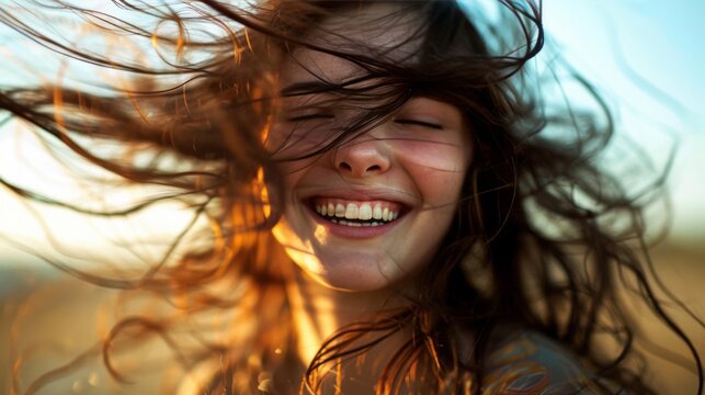 A person with long hair, captured in a wind-kissed picture, is a smiling young woman.