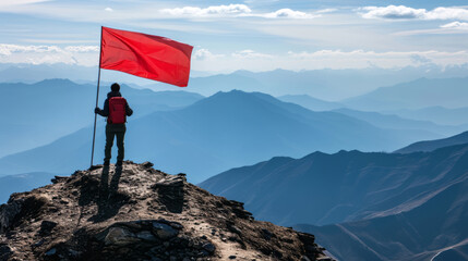 A person is standing on top of a mountain holding a red flag, indicating red banners and red and black flags waving. - obrazy, fototapety, plakaty
