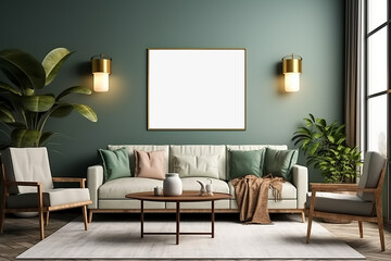 Stylish living room adorned with an abstract frame poster, featuring modern interior design, accompanied by a 3D render and illustration. Made with generative AI technology