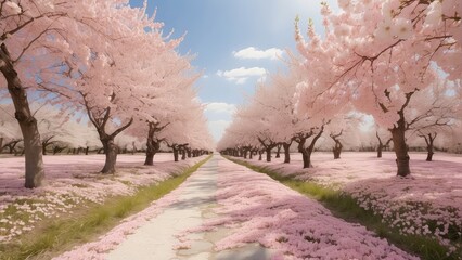 Obraz premium cherry blossom orchard, trees, pathway, photography backdrop, wedding backdrop, photoshop overlay,