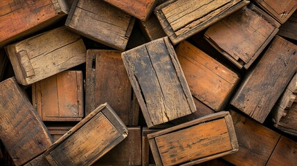 A pile of wooden crates is sitting next to each other in a wooden box, captured in a top-down photo with a seamless wooden texture.