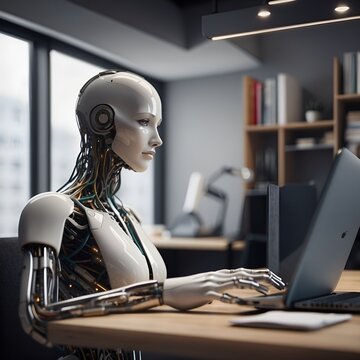 an image showing a seamless interaction between humans and artificial intelligence in a work or home environment